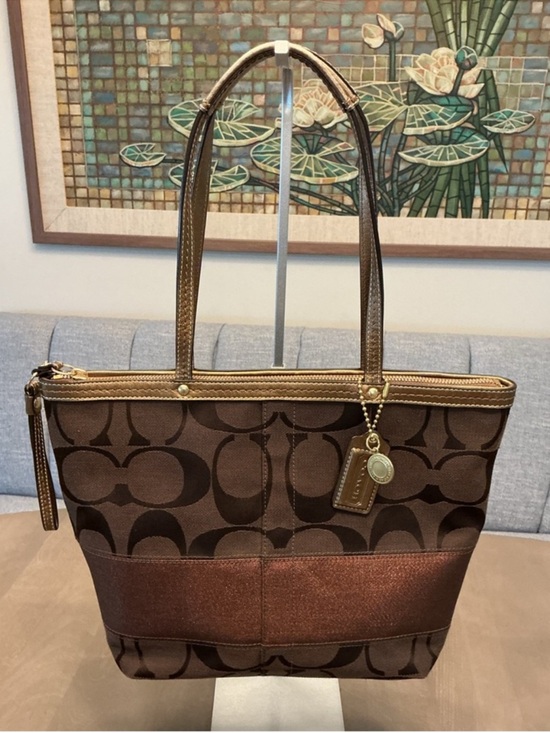 Coach Handbags - Coach Y2K Signature Stripe Tote Bag Dark Brown Metallic Bronze Trim F13548 EUC